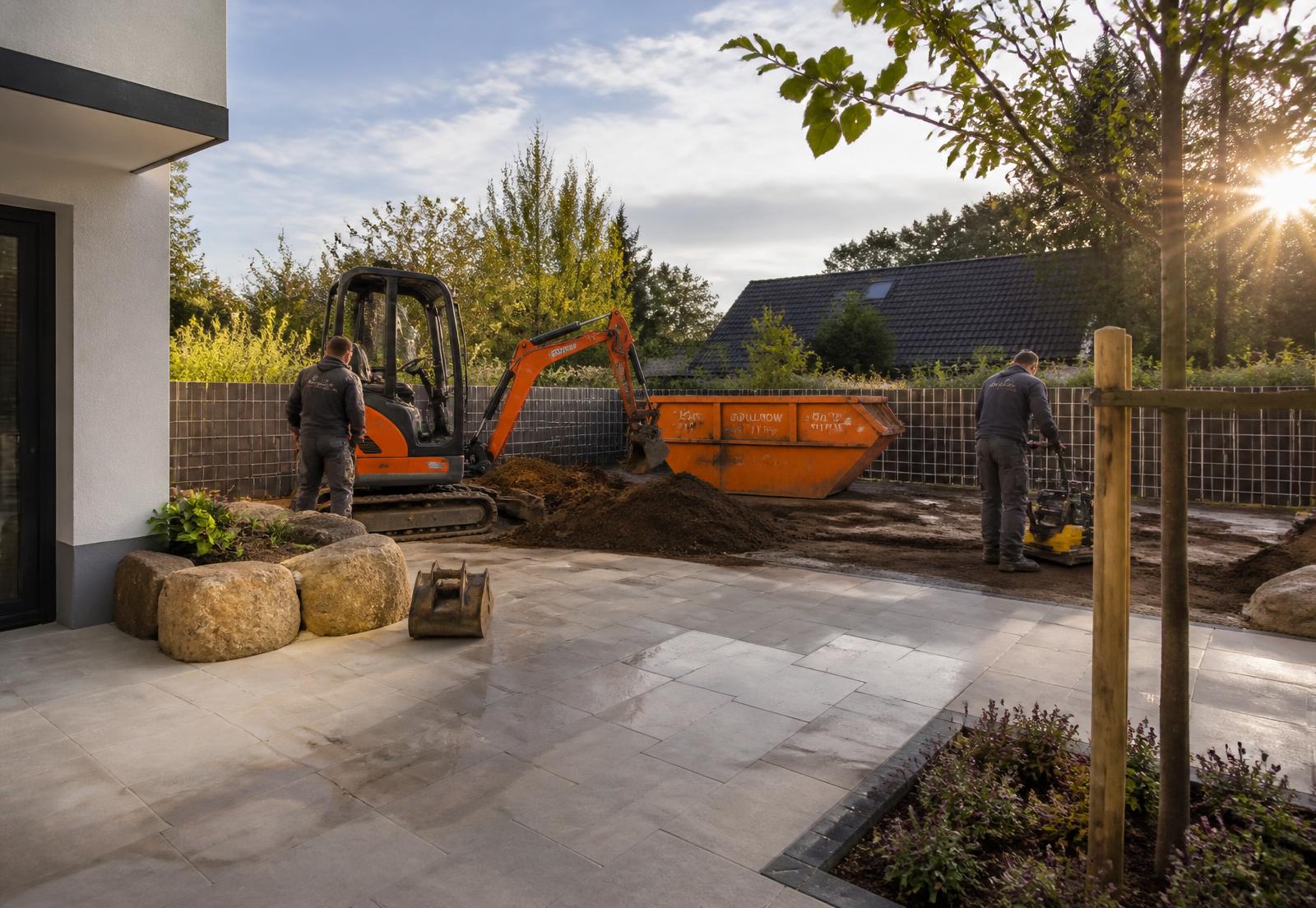 Garten- und Landschaftsbauer mit Minibagger und Container auf einer neu angelegten Gartenbaustelle in der Region Hannover