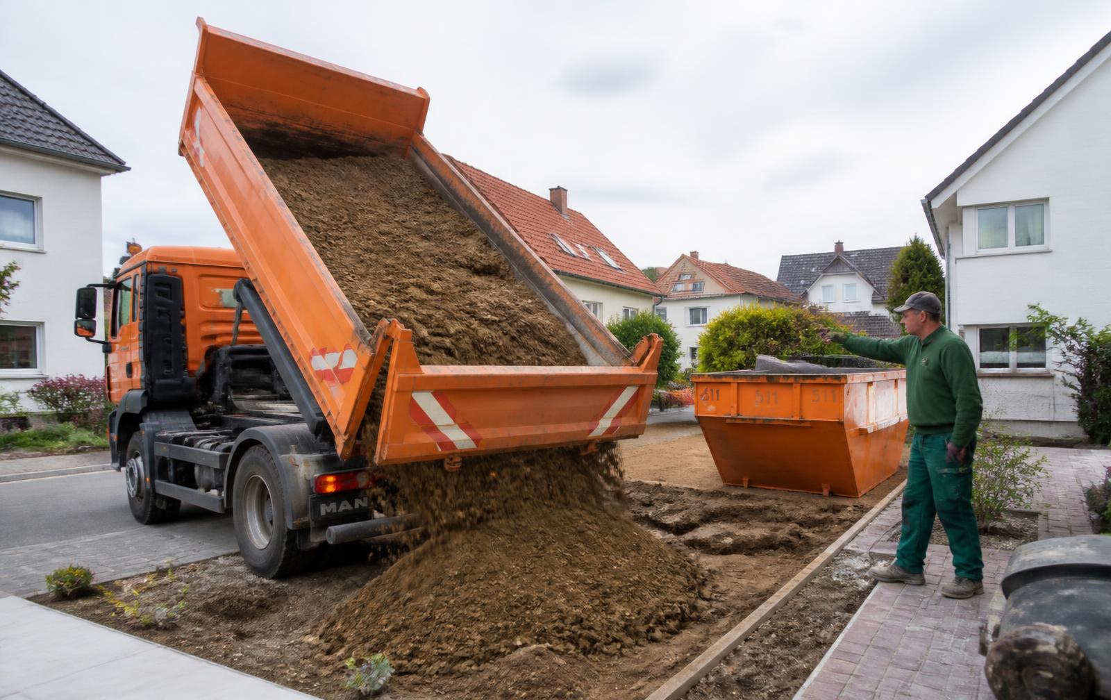 Kipper liefert Schüttgut neben einem Container auf einer Baustelle im Garten- und Landschaftsbau
